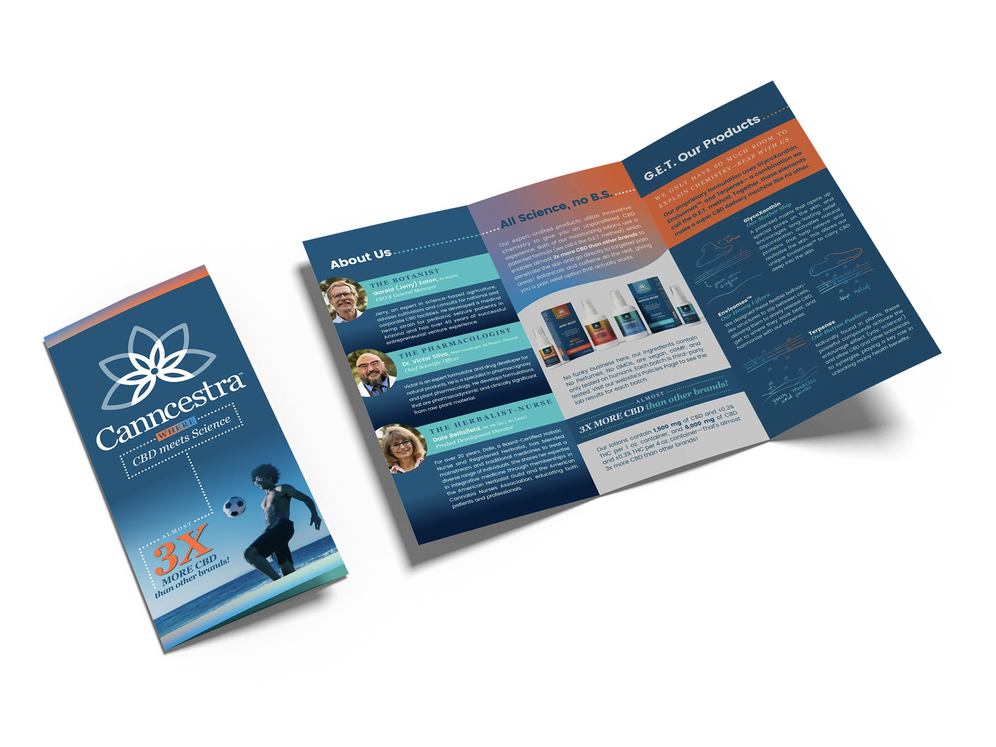 Canncestra trifold brochure — identity system in application
