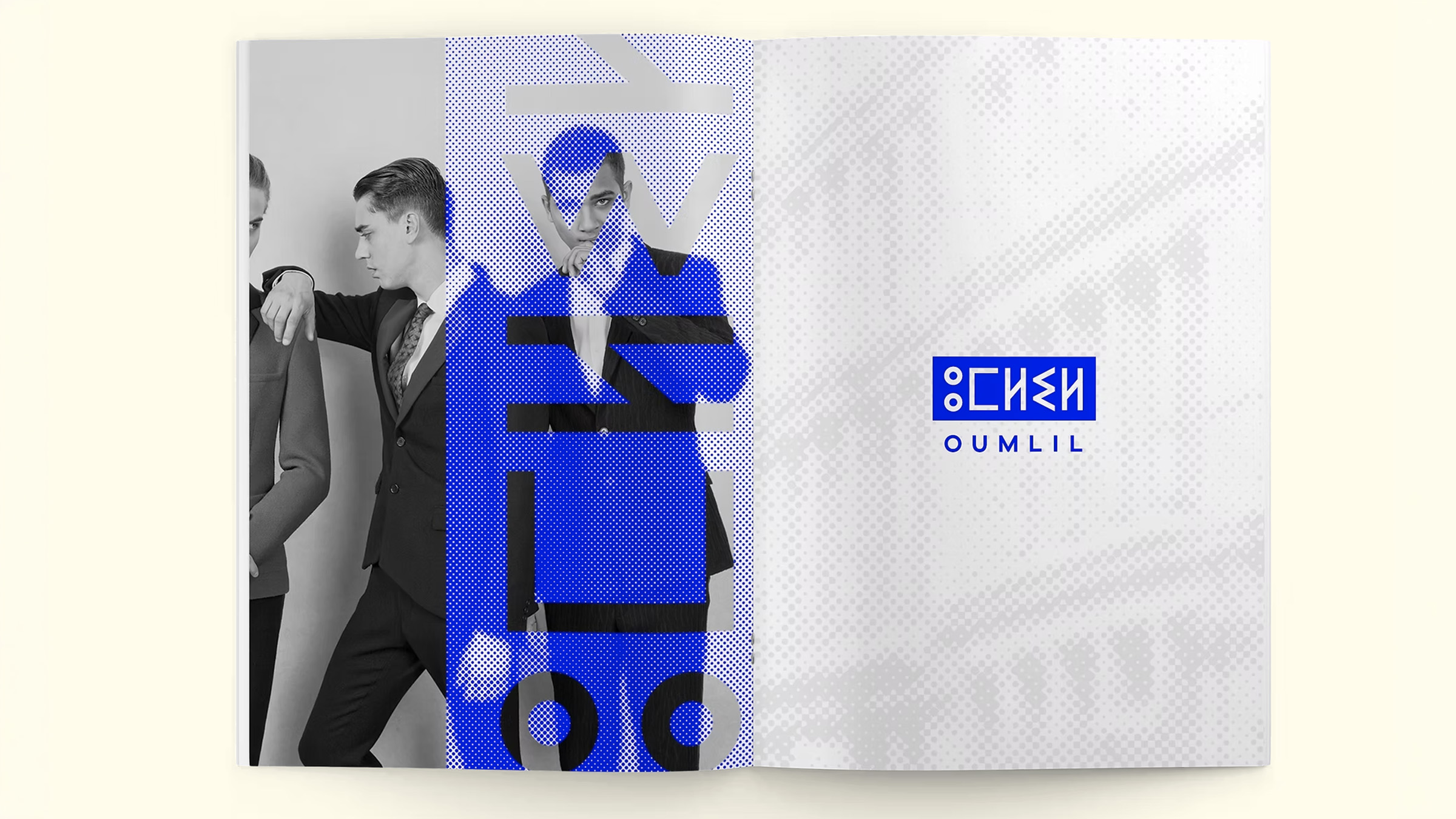 Oumlil magazine spread with halftone portraiture and Circle device