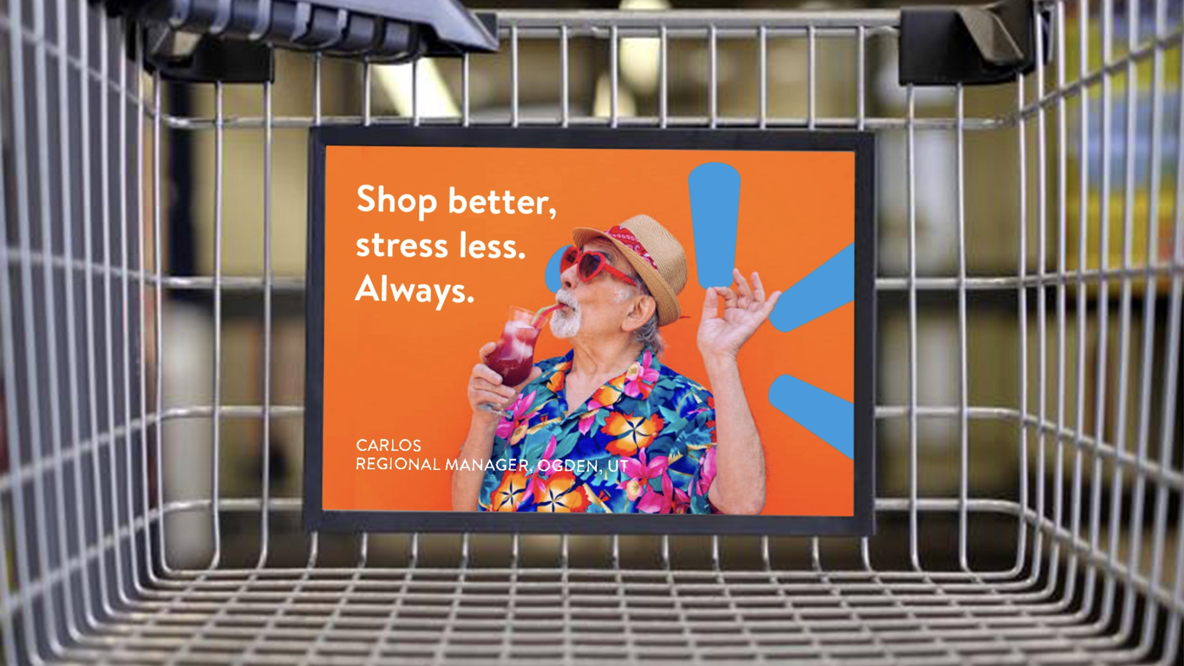 Walmart campaign in-store placement — Eduardo and Gabriel, associates from Tulsa and Sanford.