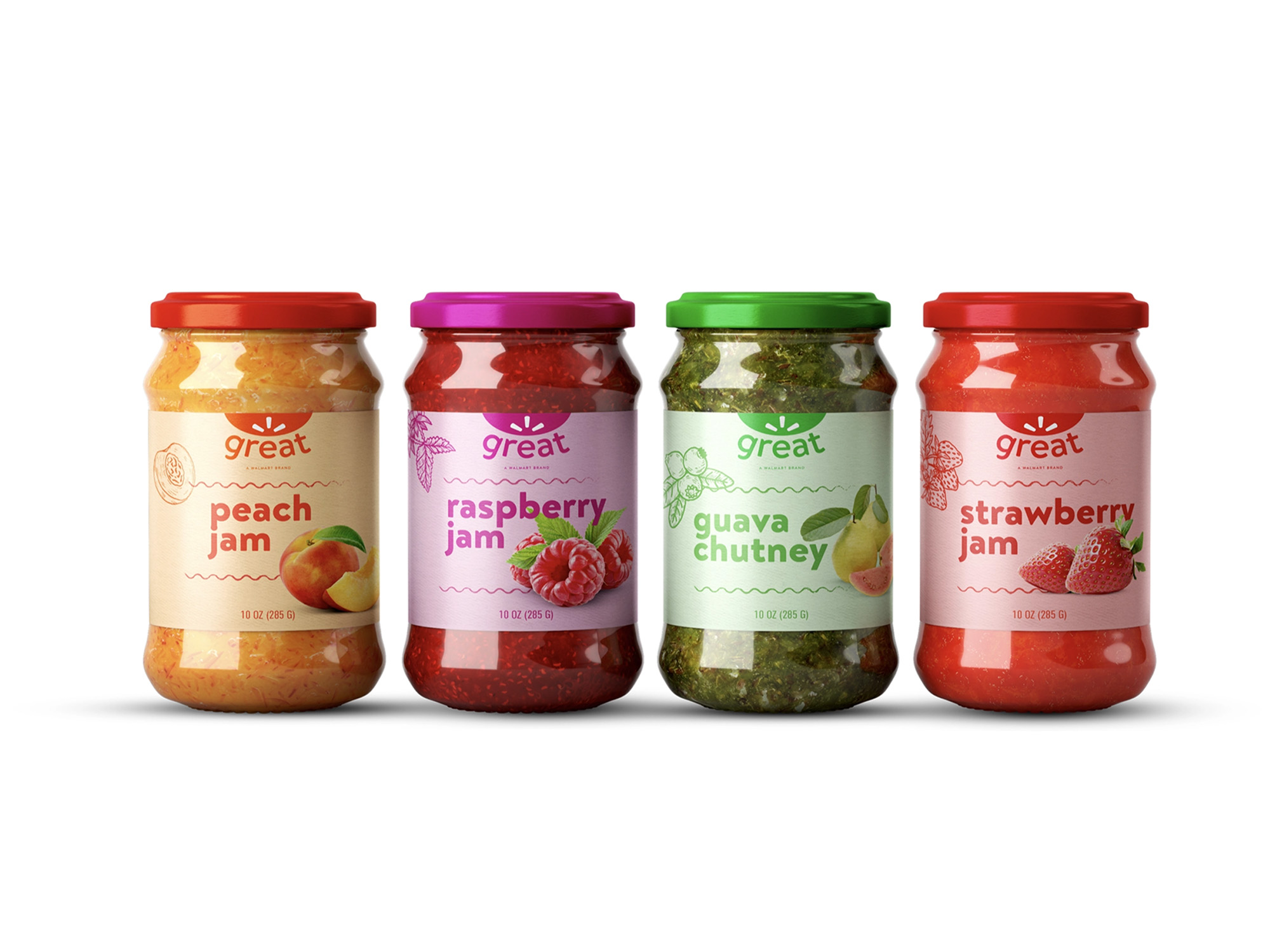 Great Value refreshed jam and chutney jars — peach, raspberry, guava, strawberry