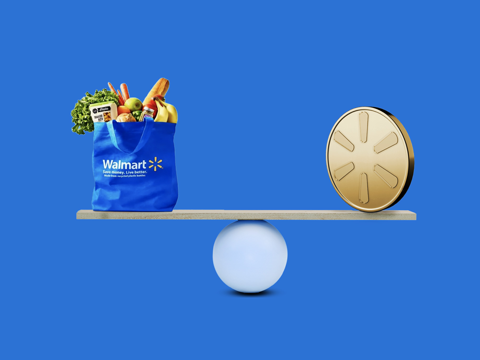 Walmart stablecoin concept — groceries balanced against a gold coin