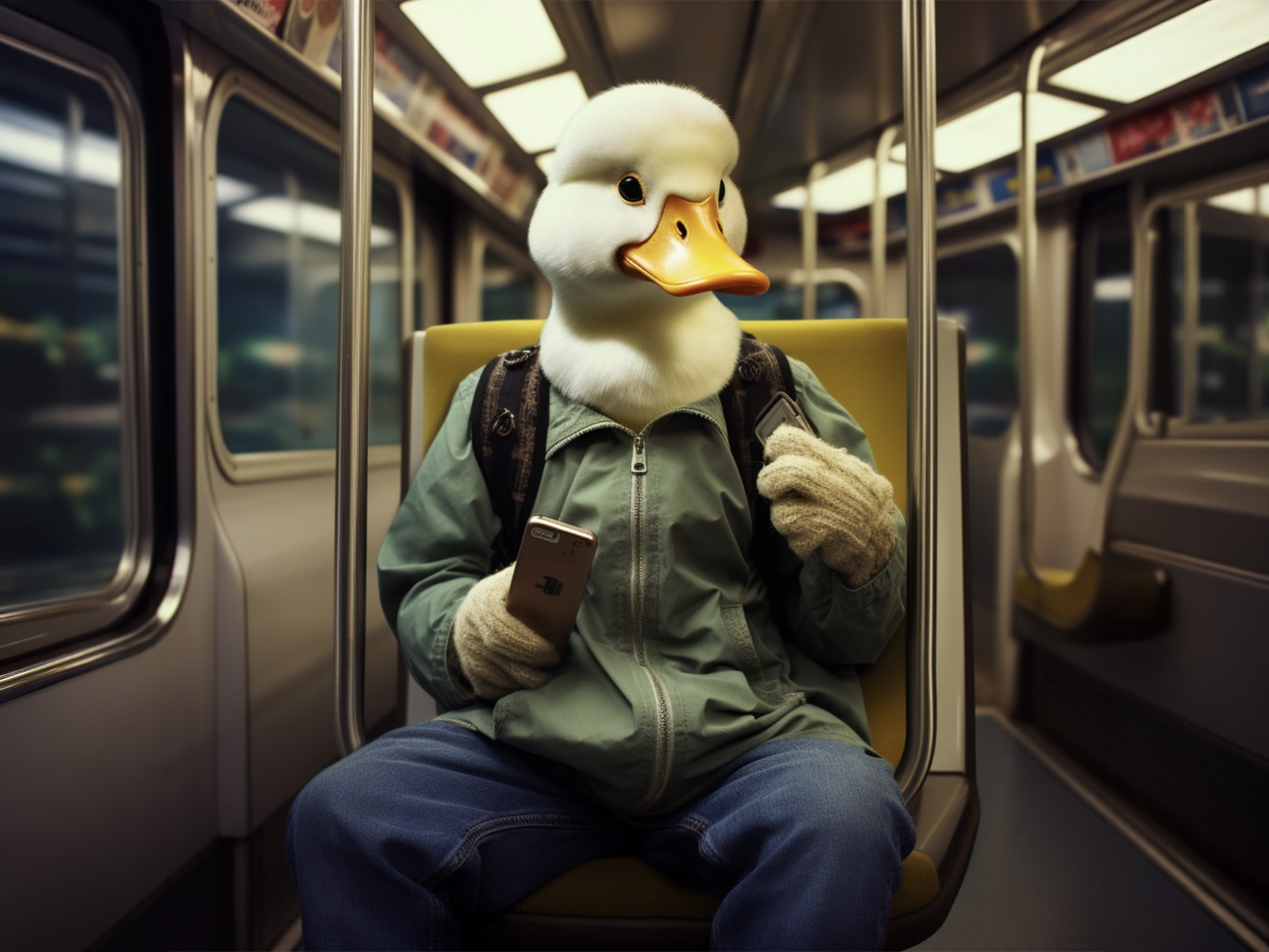The lucky duck character — brand world, commuter on subway